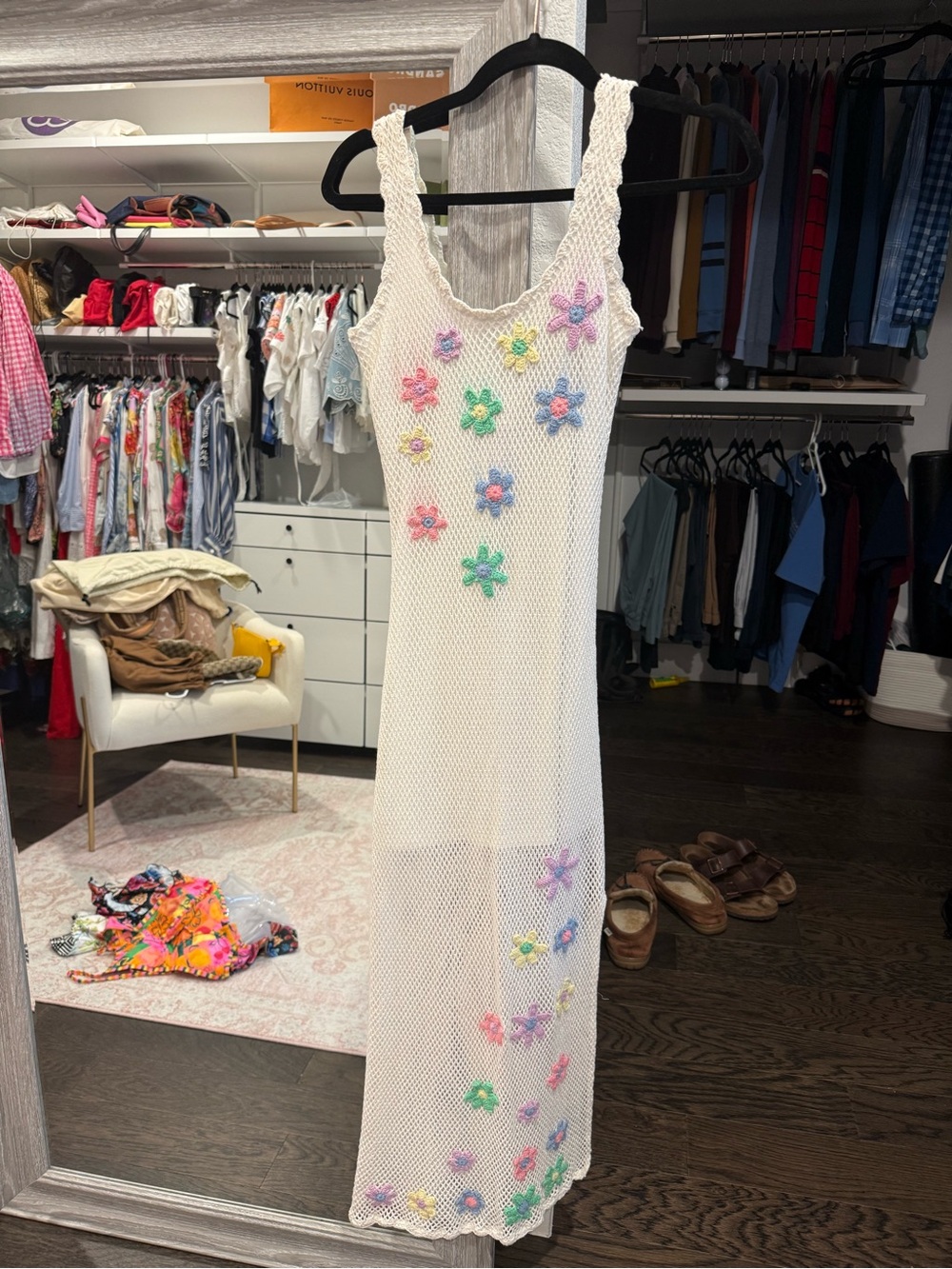 Beach Riot White Crochet Maxi Dress with Pastel Floral Appliqués